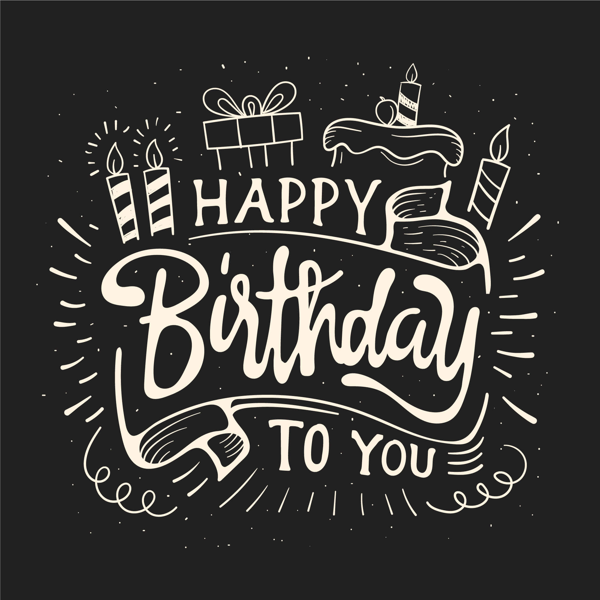 Handgezeichnete Illustration mit Schriftzug „Happy Birthday to you“, Kerzen und Geschenk auf dunklem Hintergrund