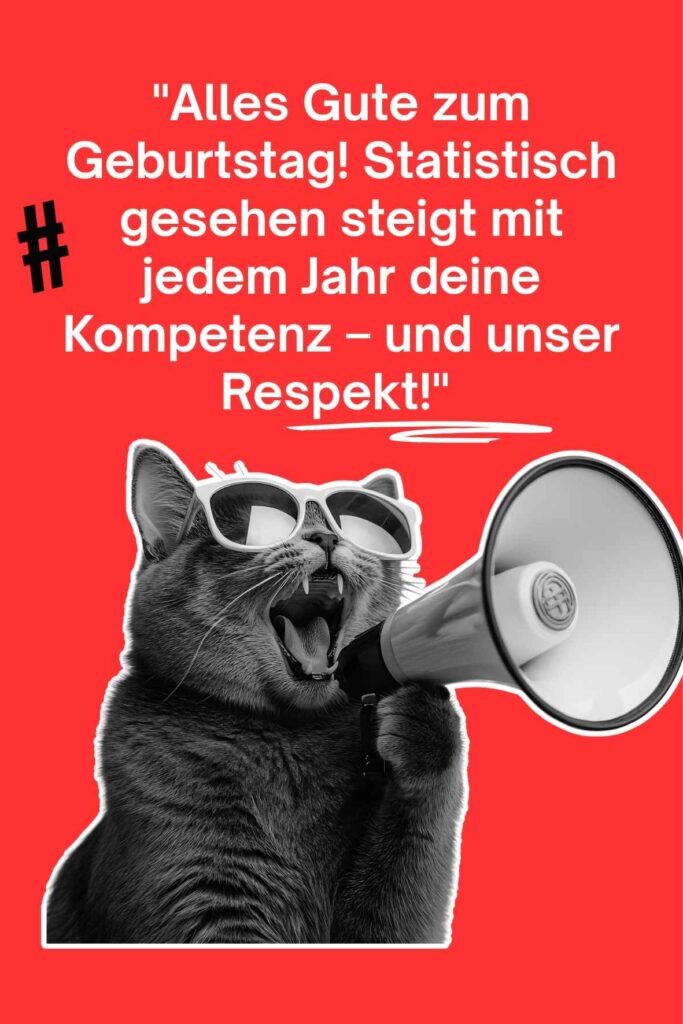 Lustiger Geburtstagspruch für Kollegen mit Katze und Megafon – humorvolle Gratulation im Büro